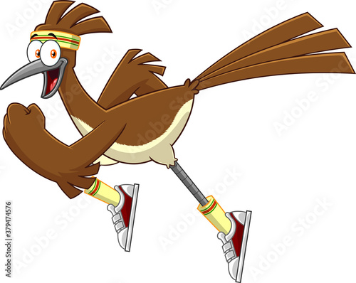 Road Runner Bird Cartoon Character Jogging. Vector Illustration Isolated On White Background