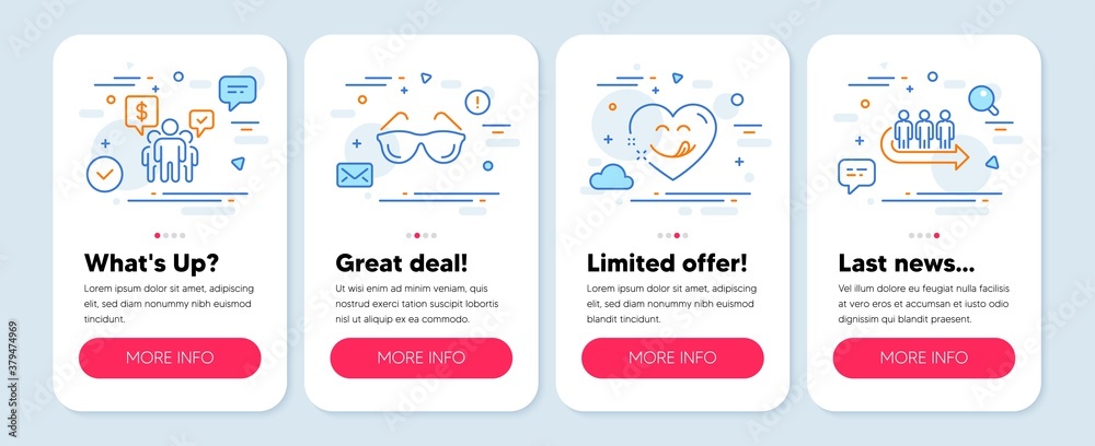 Set of People icons, such as Teamwork, Eyeglasses, Yummy smile symbols. Mobile screen mockup banners. Queue line icons. Employees chat, Optometry, Comic heart. People waiting. Teamwork icons. Vector