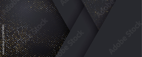 Background, black and gold halftone shine dots on geometric triangle pattern, vector. Golden confetti glitter on black gradient background, glittery polygon or 3d abstract card layout