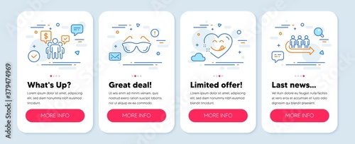 Set of People icons, such as Teamwork, Eyeglasses, Yummy smile symbols. Mobile screen mockup banners. Queue line icons. Employees chat, Optometry, Comic heart. People waiting. Teamwork icons. Vector