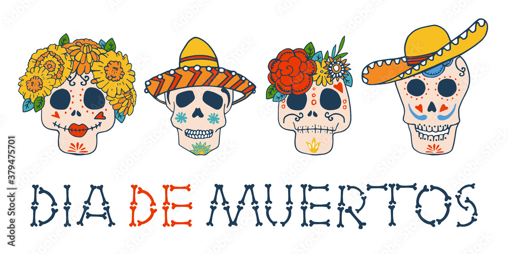 Day of the Dead painted skulls in sombreros and flowers. Title in