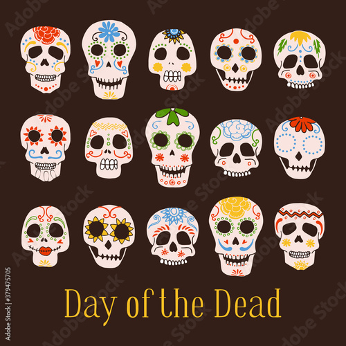Day of the Dead Mexican painted skulls set. Hand drawn vector sketch illustration