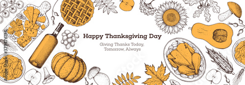 Thanksgiving food banner design. Thanksgiving illustration. Food hand drawn sketch. Festive dinner with turkey. Autumn food sketch. Engraved image. Vector thanksgiving background.