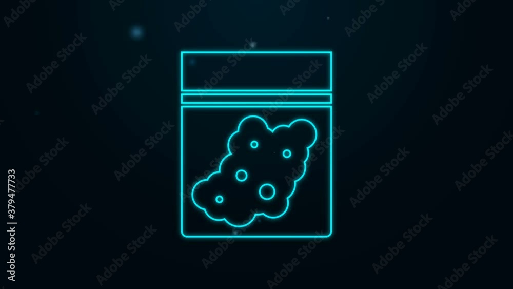 Glowing neon line Plastic bag of medicinal cannabis icon isolated on black background. Health danger. 4K Video motion graphic animation Glowing neon line Plastic bag of medicinal cannabis icon isolated on black background. Health danger. 4K Video motion graphic animation