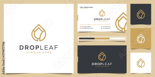 Beauty drop leaf logo design and business card. luxury logo oil with leaf liner concept.