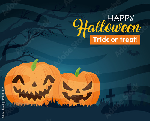 happy halloween banner with pumpkins, bats flying and dry tree vector illustration design