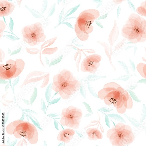 Delicate pink and mint watercolor flowers on a white background. Seamless pattern. Printing on fabric, postcards.