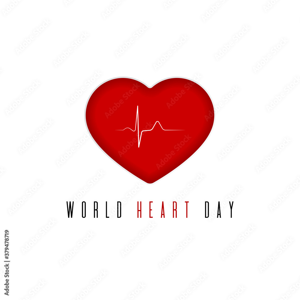 World heart day poster. Illustration of stylized red human heart with pulse