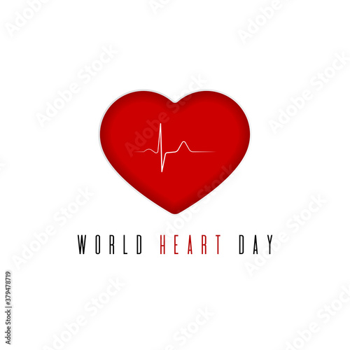 World heart day poster. Illustration of stylized red human heart with pulse