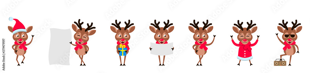 Fototapeta Set Funny Deers, Christmas Reindeers, Cheerful Cartoons in Santa Hats