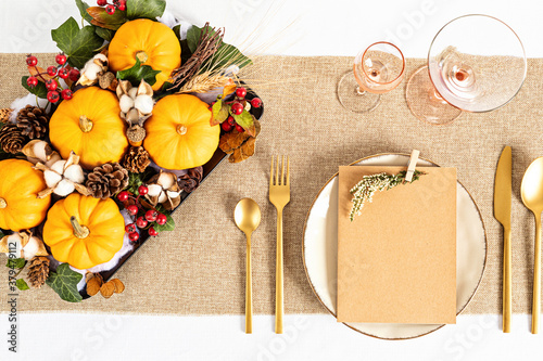 Photography Template of Thanksgivinig table decoration with mock up of menu