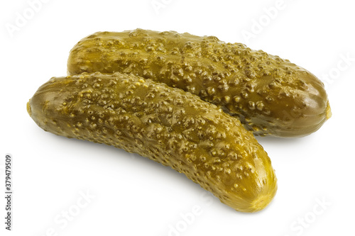 Marinated pickled cucumber isolated on white background with clipping path and full depth of field