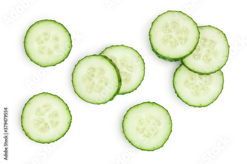 Sliced cucumber isolated on white background with clipping path and full depth of field, Top view. Flat lay photo