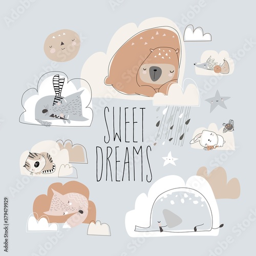 Cute cartoon animals sleeping on clouds. Sweet dreams