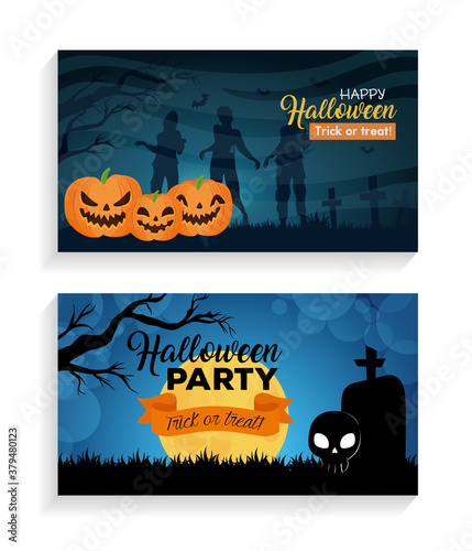 set banners of happy halloween with decoration vector illustration design