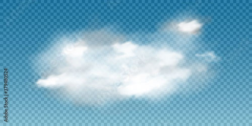 Realistic white cloud. Vector illustration of 3d smoke or fog. Natural cumulus cloud design element on transparent background for weather forecast.