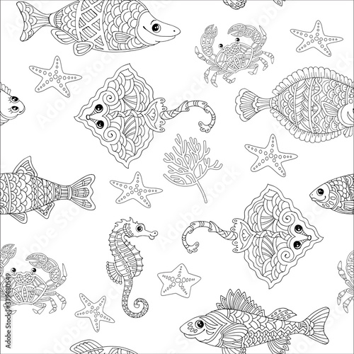 Coloring antistress for adults and children. Funny sea fish and animals. Crab, sea fox, seahorse, perch, tuna.