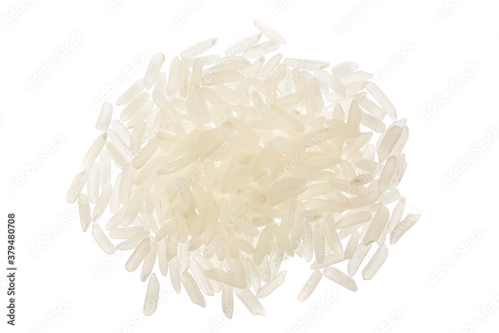 rice grains isolated on white background. Top view. Flat lay