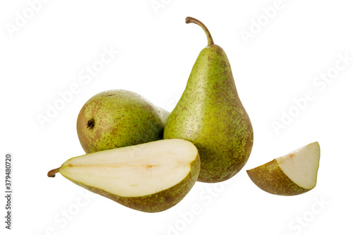 Fresh pear conference whole and half isolated on white