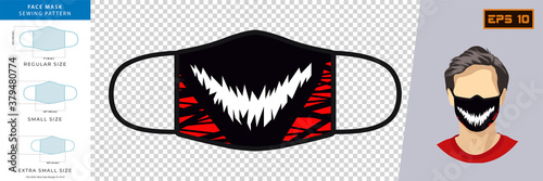 Vector graphic of party masks. A black and red monster sharp teeth. Face mask design template, dust protection & breathing medical respiratory. vector EPS10.