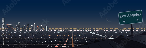 Los Angeles Night Scene Panoramic and Road and Indication Sign Banner