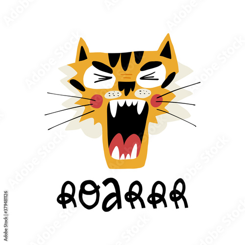 Roar cute lettering and the muzzle of a roaring tiger. Hand drawn vector illustration.