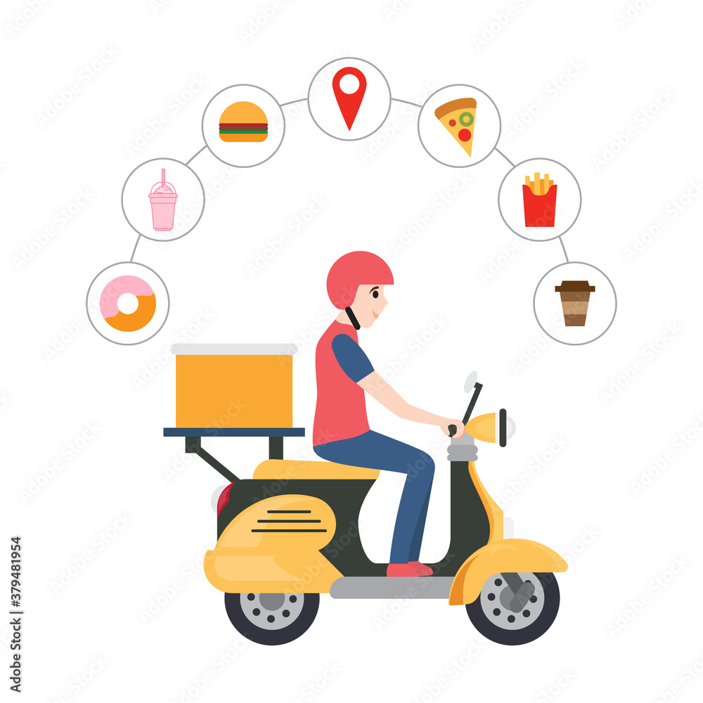 Delivery man riding scooter. Food delivery service.