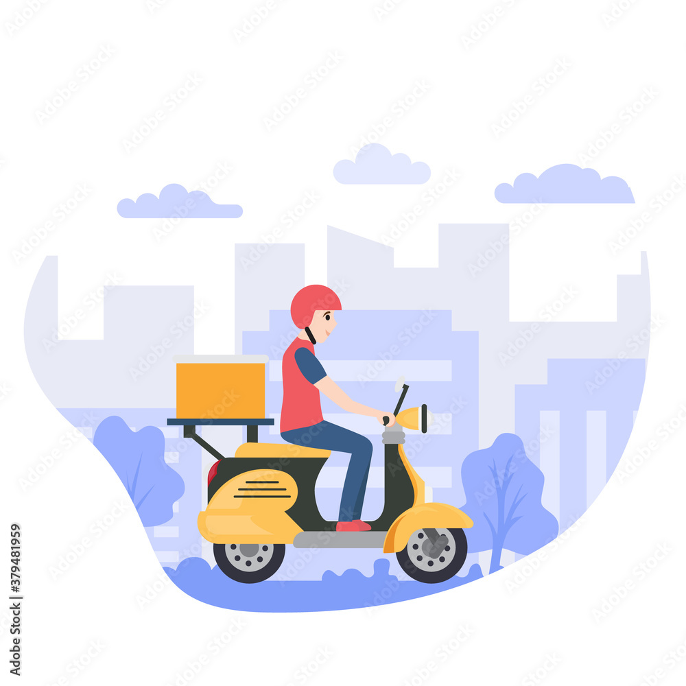 Delivery man riding scooter. Food delivery service.