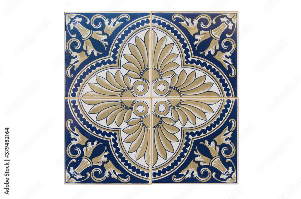 Padrão de azulejos com desenhos em cores azuis e dourados, revestimento típico português