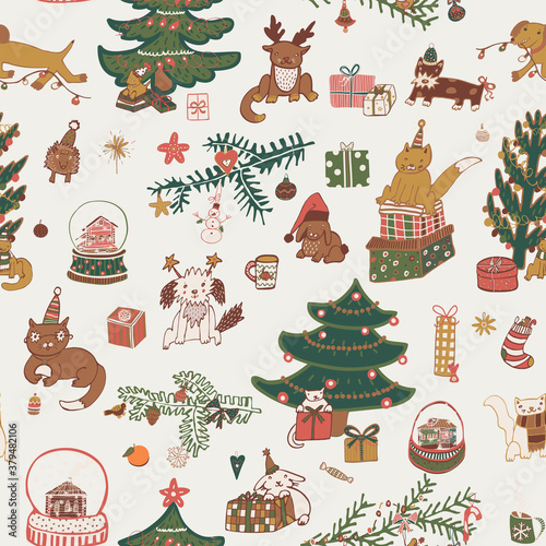 Winter Christmas seamless hand drawn vector pattern with pets animals: cats, dogs, rabbit.