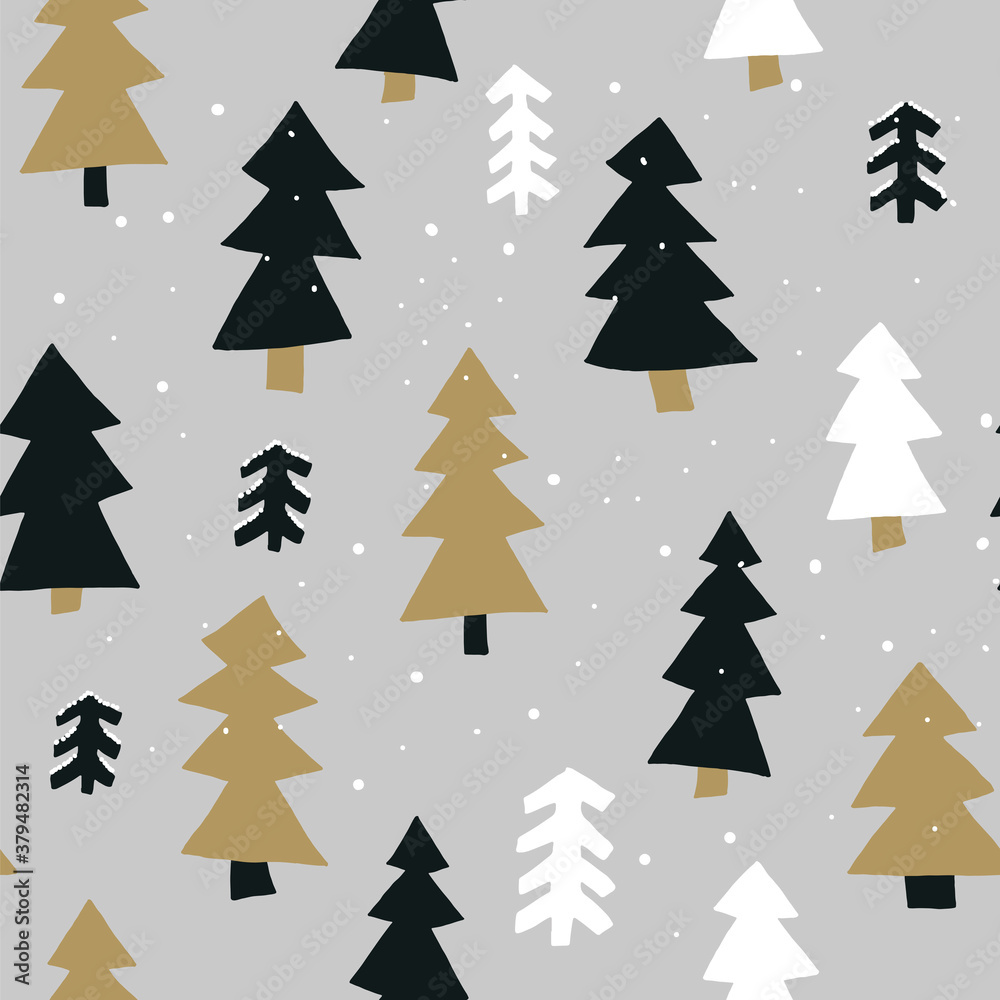 Obraz premium Christmas New Year seamless hand drawn vector pattern with fir trees in the forest.
