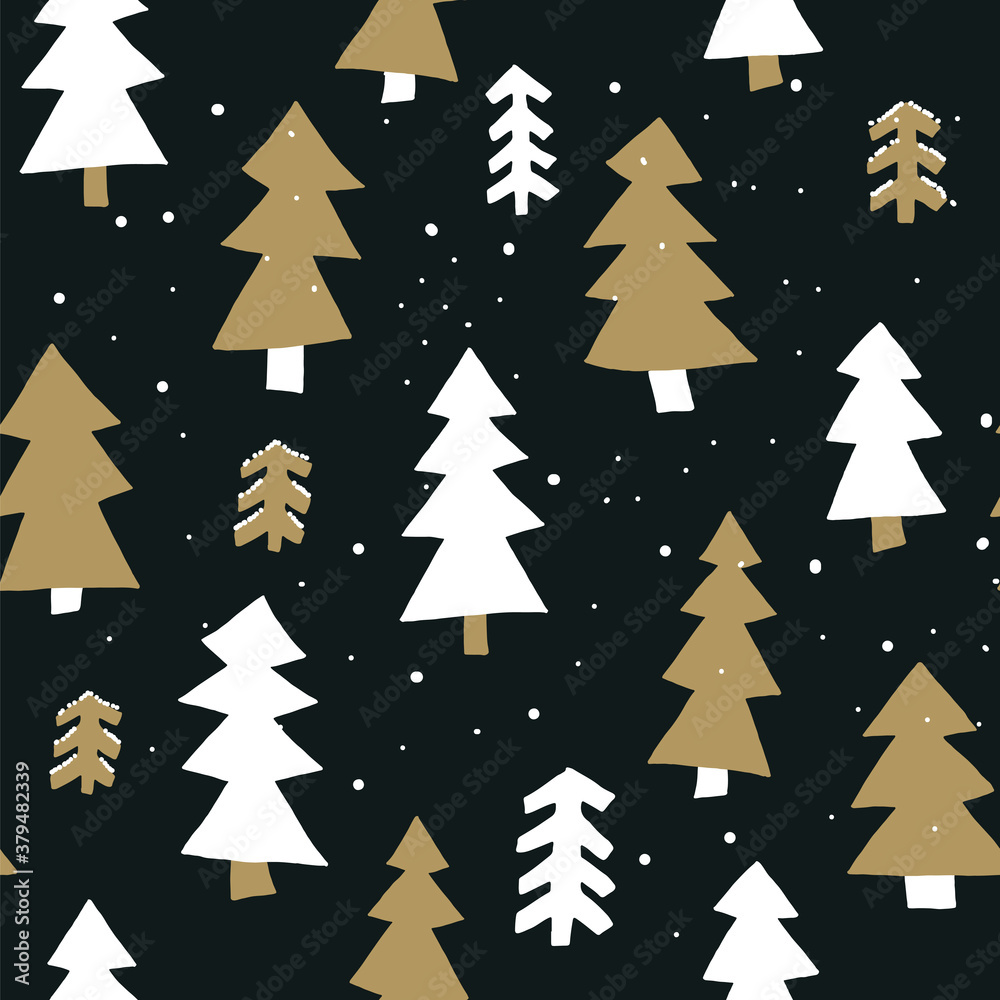 Obraz premium Christmas New Year seamless hand drawn vector pattern with fir trees in the forest.