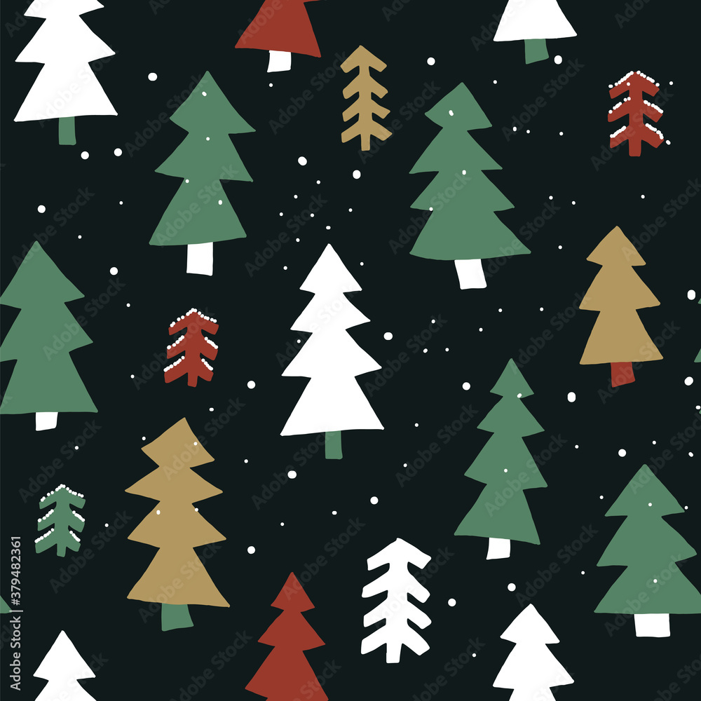 Christmas New Year seamless hand drawn vector pattern with  fir trees in the forest.