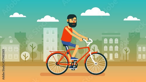 Bearded positive cyclist on a red bicycle rides the city streets. Vector cartoon illustration.