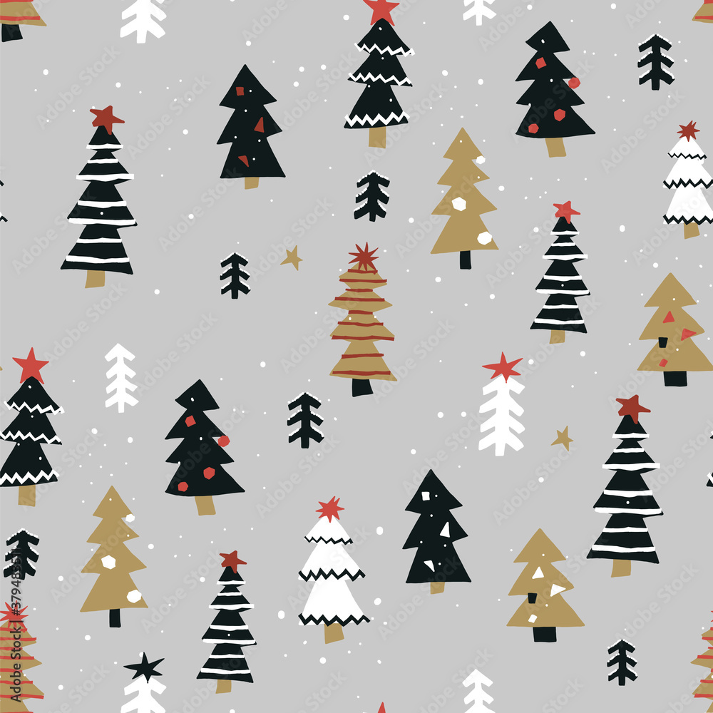 Obraz premium Christmas New Year seamless vector hand drawn pattern with fir trees in the forest.
