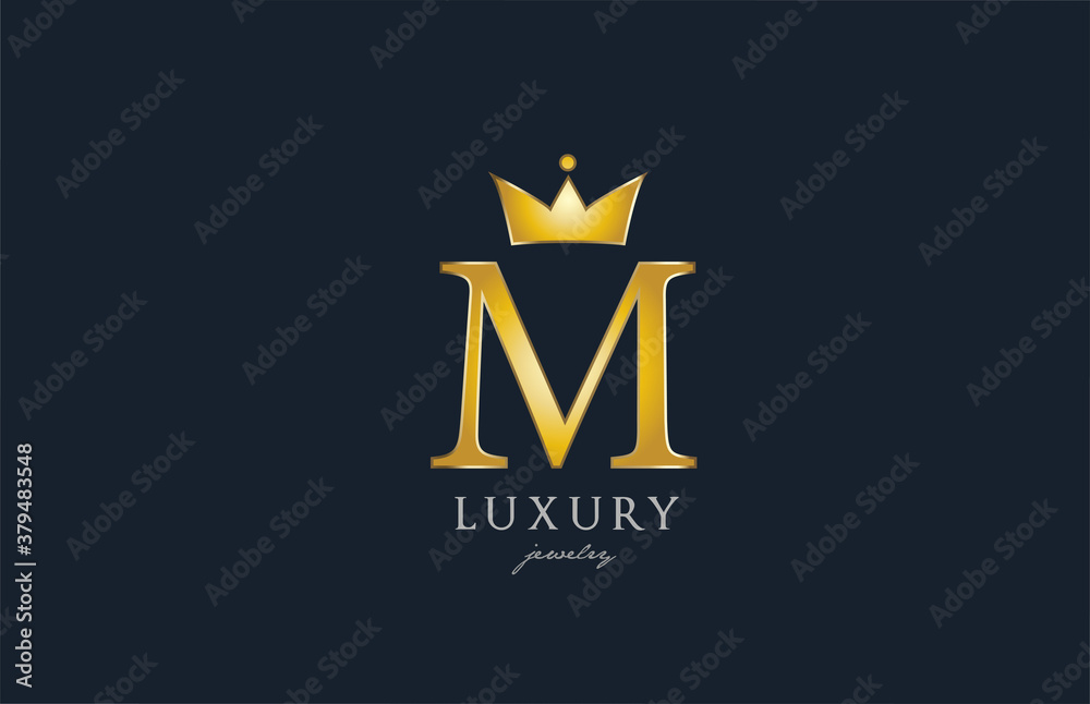 jewelry gold M alphabet letter logo icon. Creative design with king crown for luxury business and company jewelry gold M alphabet letter logo icon. Creative design with king crown for luxury business and company
