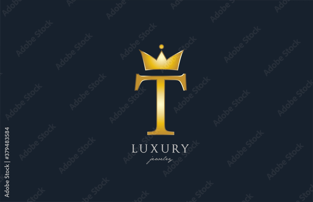 jewelry gold T alphabet letter logo icon. Creative design with king crown for luxury business and company