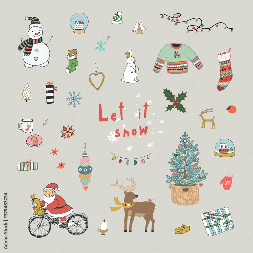 Winter Christmas objects hand drawn vector illustrations set.