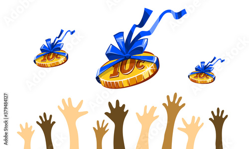 10 cents coin for workers in gift wrapping with bow blue ribbon. Creative concept of inadequate work costs. Unfair business and exploitation for small earnings. Work for food. Vector illustration.