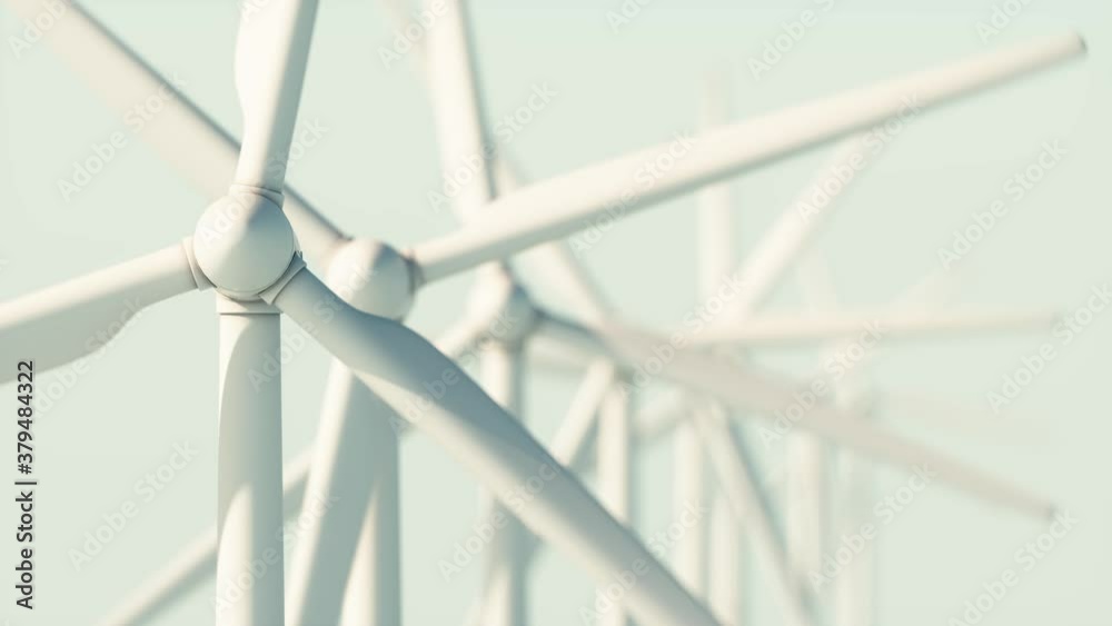 Large wind turbines with blades. Many wind generators. Rotating wind turbine blades. Loopable footage