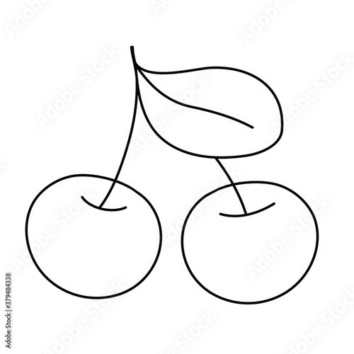 Two cherries with a leaf, sketch. Just a childish drawing, coloring book. Garden fruit cherry clipart
