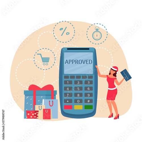 Woman in Christmas costume holding credit card, standing near pos terminal near bags and presents. Christmas sale, e-commerce concept illustration in flat style.