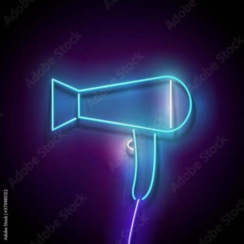 Glow Hairdryer, Professional Hairstyling Tool. Barbershop, Hairdresser Salon Template. Shiny Neon Light Poster, Flyer, Banner. Glossy Background. Vector 3d Illustration