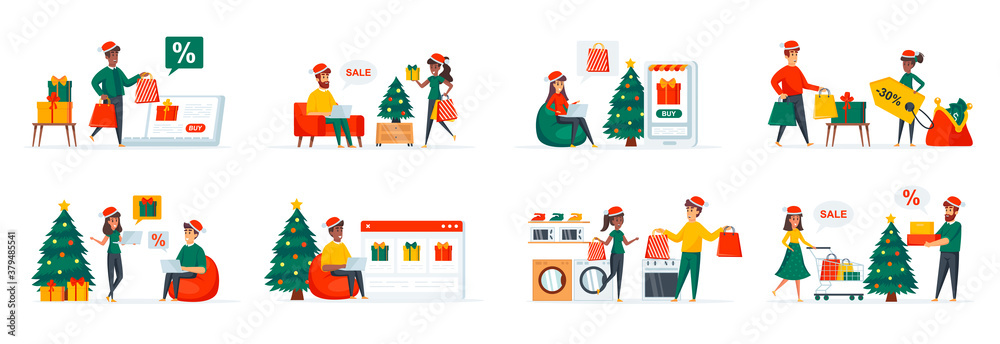 Christmas shopping bundle of scenes with flat people characters. Happy couple with bags, Christmas holidays shopping, winter season discounts situations. Xmas celebration cartoon vector illustration.