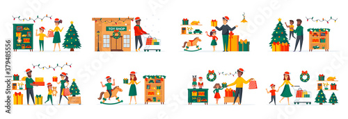 Toys store at Christmas time bundle of scenes with flat people characters. Parents with kids shopping in toys shop conceptual situations. New Year and Xmas winter holidays cartoon vector illustration.