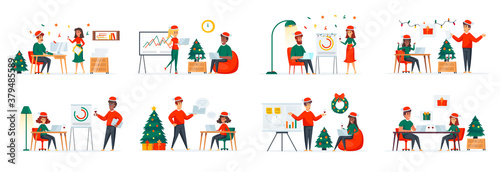 Corporate Christmas time bundle of scenes with people characters. Colleagues in red santa hats celebrating in office situations. Merry Xmas and Happy New Year holidays cartoon vector illustration.
