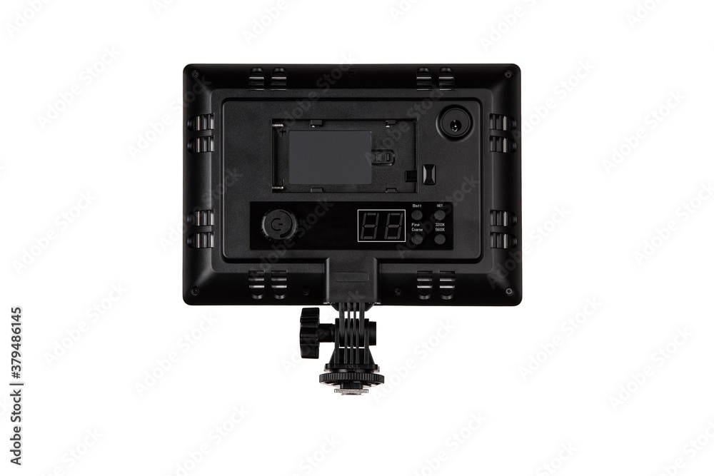 Obraz premium Professional lighting equipment for video production isolated on white. Portable video light for filming video and video blogging. Lighting device for film production.