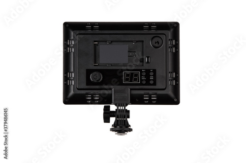 Professional lighting equipment for video production isolated on white.  Portable video light for filming video and video blogging. Lighting device for film production. photo