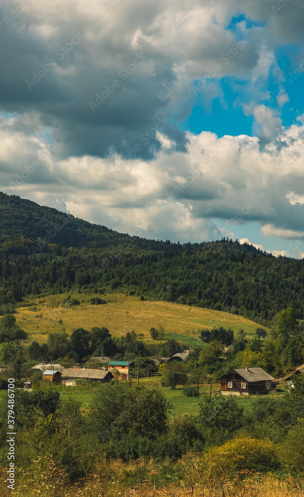 vertical picture of rural country side landscape highland rural environment space in Carpathian mountain of Ukraine