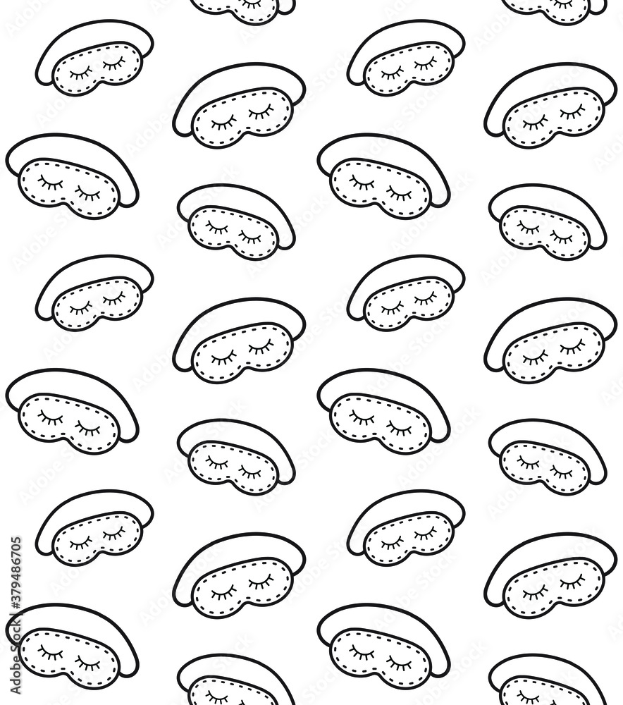 Vector seamless pattern of hand drawn doodle sketch sleeping mask with closed eyes isolated on white background